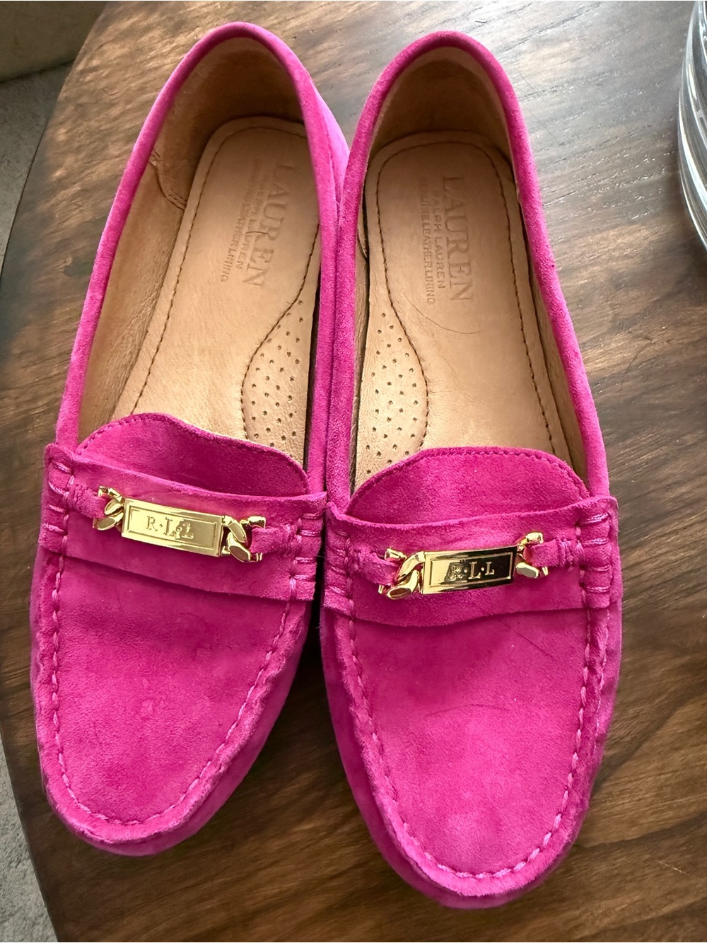 Lauren Ralph Lauren Berdine Hot Pink Suede Loafers with Gold Accent
